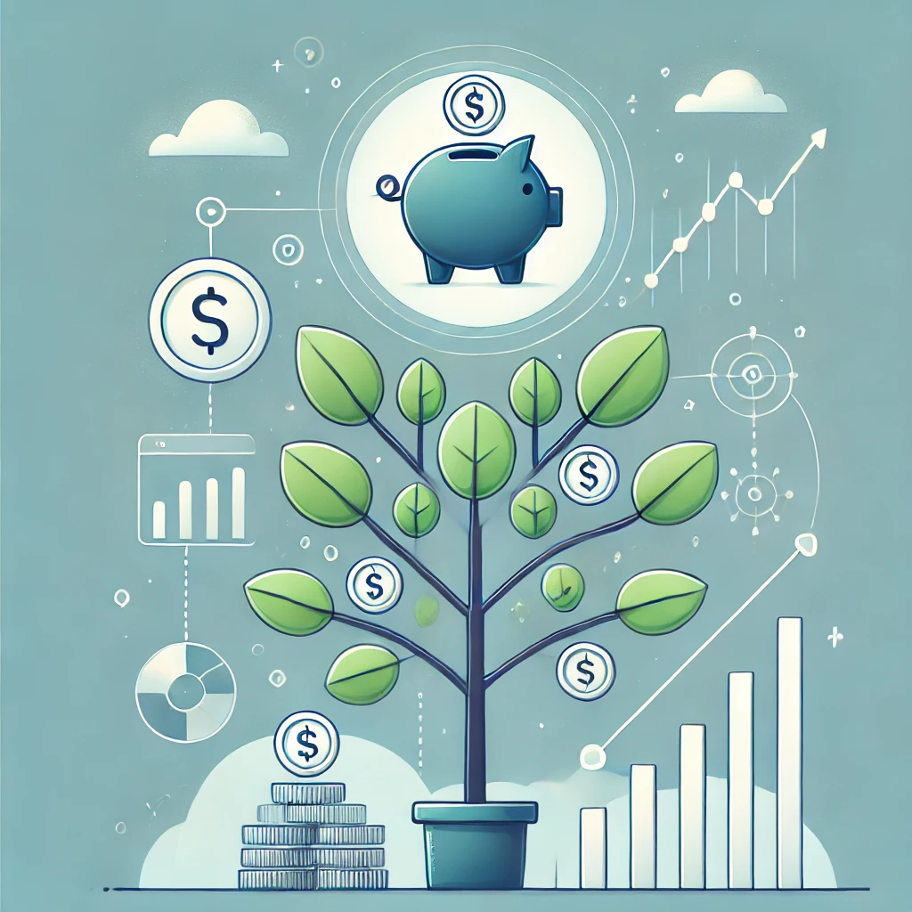 Illustrazione che rappresenta l'investimento per principianti con icone di salvadanaio, grafico di borsa e monete che crescono su un albero, simbolizzando la crescita del denaro nel tempo. Stile moderno e minimalista in toni di verde e blu per evocare fiducia e stabilità finanziaria